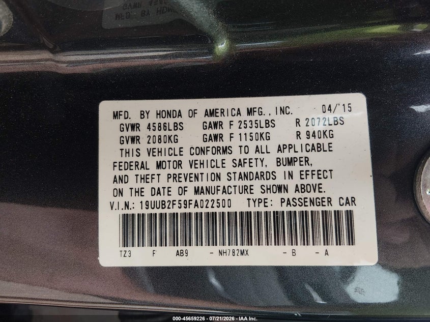 2015 Acura Tlx V6 Tech VIN: 19UUB2F59FA022500 Lot: 45659226