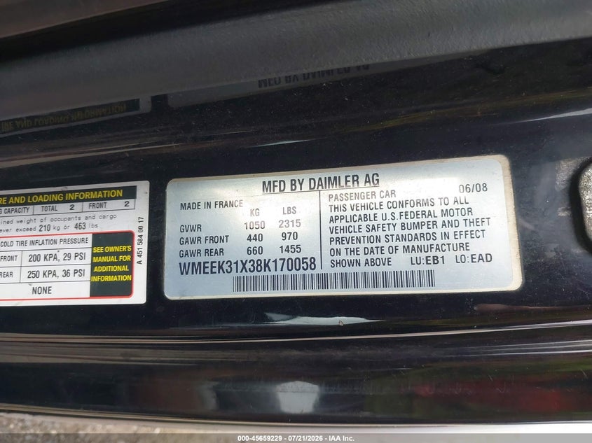2008 Smart Fortwo Passion VIN: WMEEK31X38K170058 Lot: 45659229