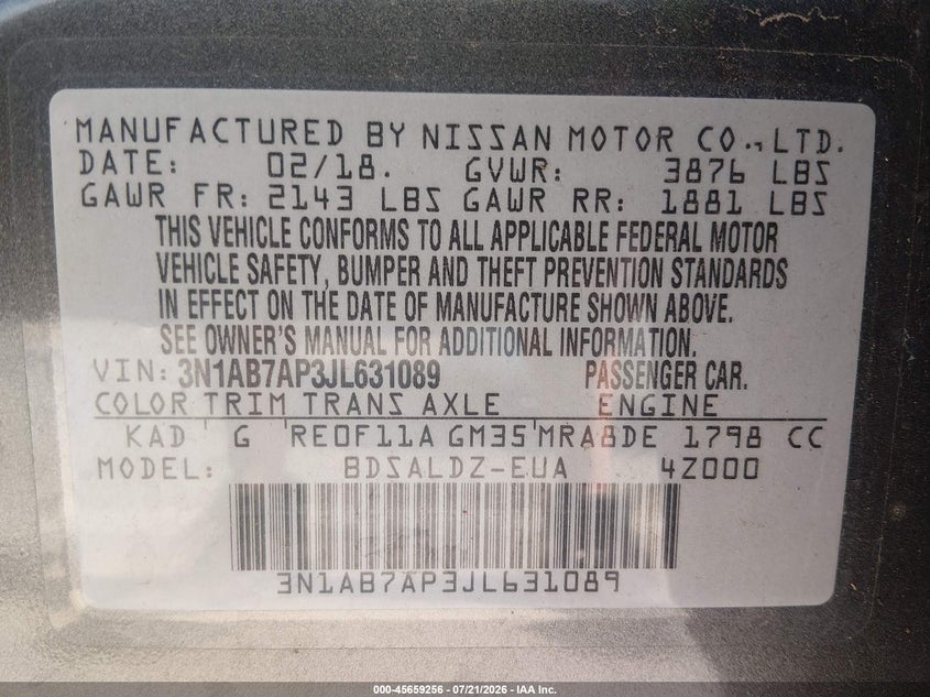 2018 Nissan Sentra Sv VIN: 3N1AB7AP3JL631089 Lot: 45659256