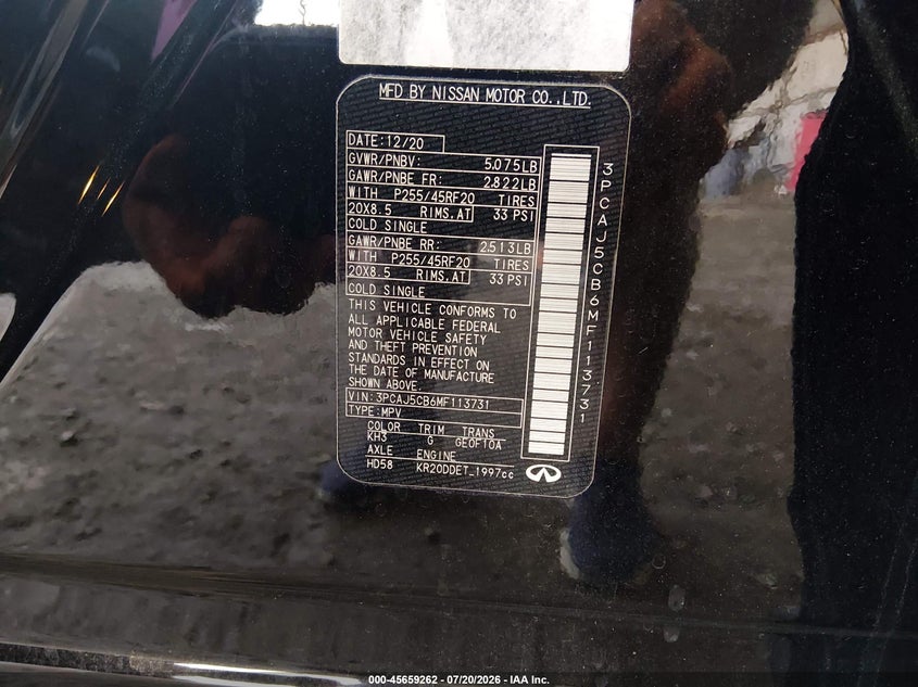 2021 Infiniti Qx50 Sensory Awd VIN: 3PCAJ5CB6MF113731 Lot: 45659262