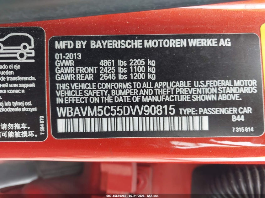 2013 BMW X1 xDrive35I VIN: WBAVM5C55DVV90815 Lot: 45659266