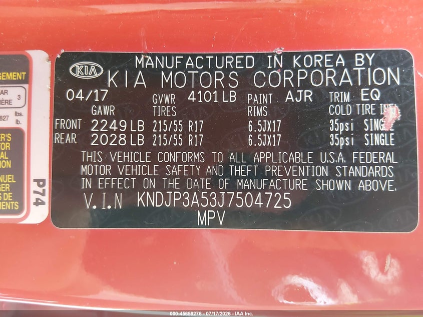2018 Kia Soul + VIN: KNDJP3A53J7504725 Lot: 45659276