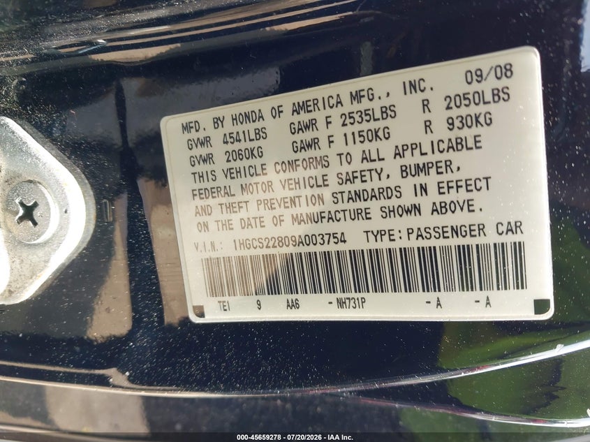 2009 Honda Accord 3.5 Ex-L VIN: 1HGCS22809A003754 Lot: 45659278