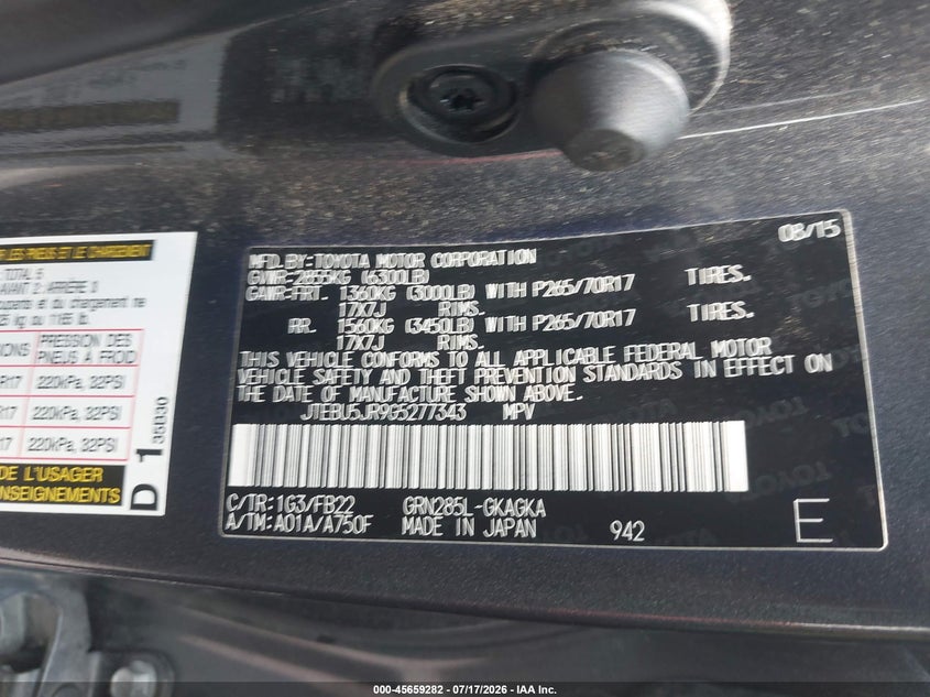 2016 Toyota 4Runner Sr5 VIN: JTEBU5JR9G5277343 Lot: 45659282