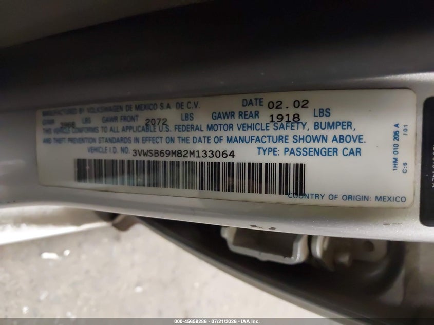 2002 Volkswagen Jetta Gls VIN: 3VWSB69M82M133064 Lot: 45659286