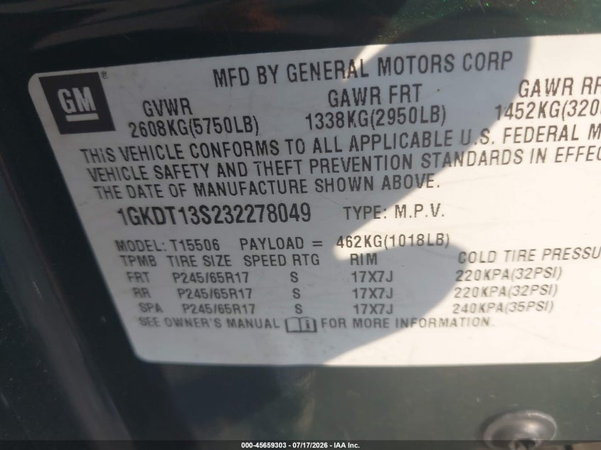 2003 GMC Envoy Sle VIN: 1GKDT13S232278049 Lot: 45659303