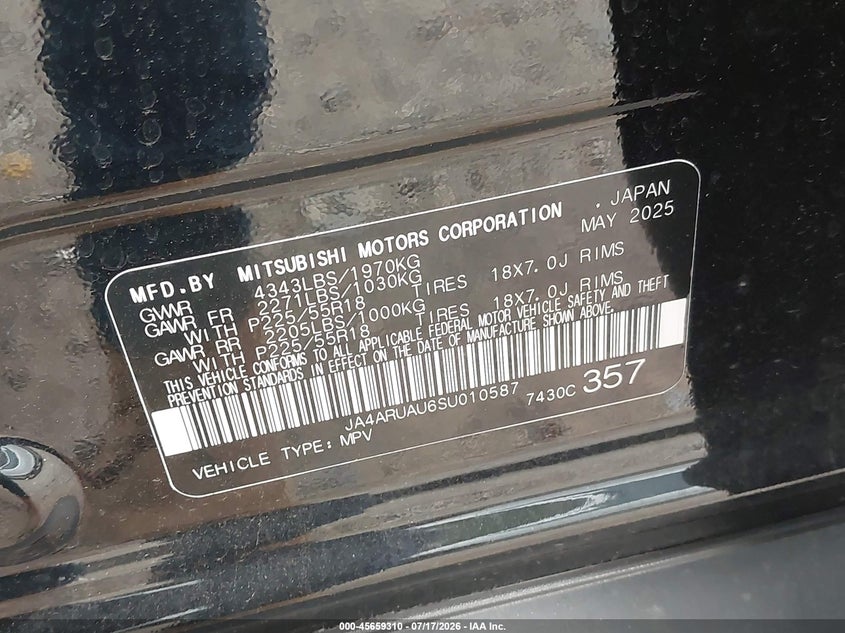 2025 Mitsubishi Outlander Sport 2.0 Es Awc VIN: JA4ARUAU6SU010587 Lot: 45659310