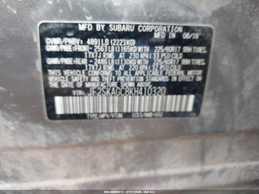 2019 Subaru Forester Premium VIN: JF2SKAGC8KH410320 Lot: 45659312