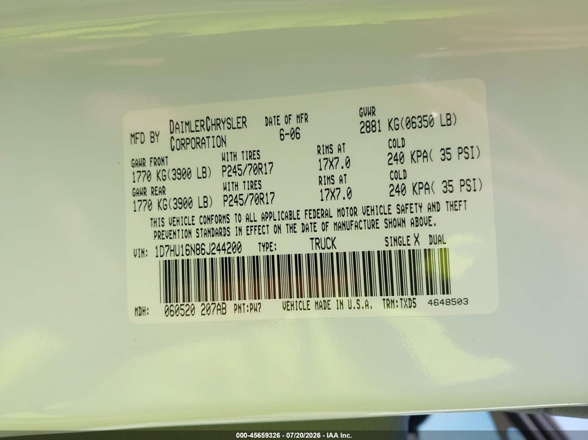 2006 Dodge Ram 1500 St VIN: 1D7HU16N86J244200 Lot: 45659326