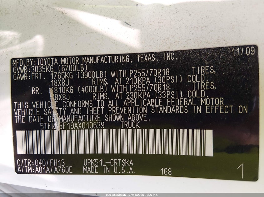 2010 Toyota Tundra Grade 4.6L V8 VIN: 5TFRM5F19AX010639 Lot: 45659356