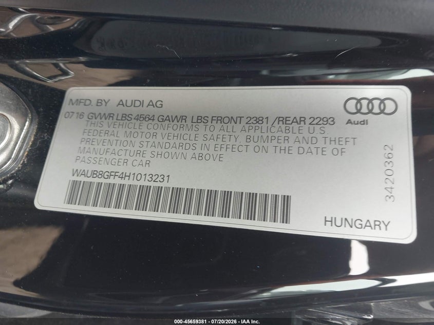 2017 Audi A3 Premium VIN: WAUB8GFF4H1013231 Lot: 45659381