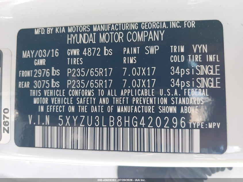 2017 Hyundai Santa Fe Sport 2.4L VIN: 5XYZU3LB8HG420296 Lot: 45659393