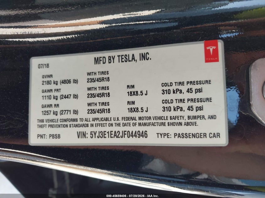 2018 Tesla Model 3 Long Range/Mid Range VIN: 5YJ3E1EA2JF044946 Lot: 45659406
