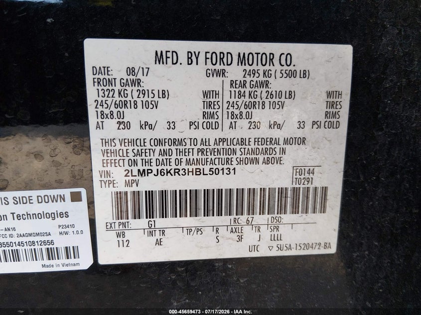 2017 Lincoln Mkx Select VIN: 2LMPJ6KR3HBL50131 Lot: 45659473