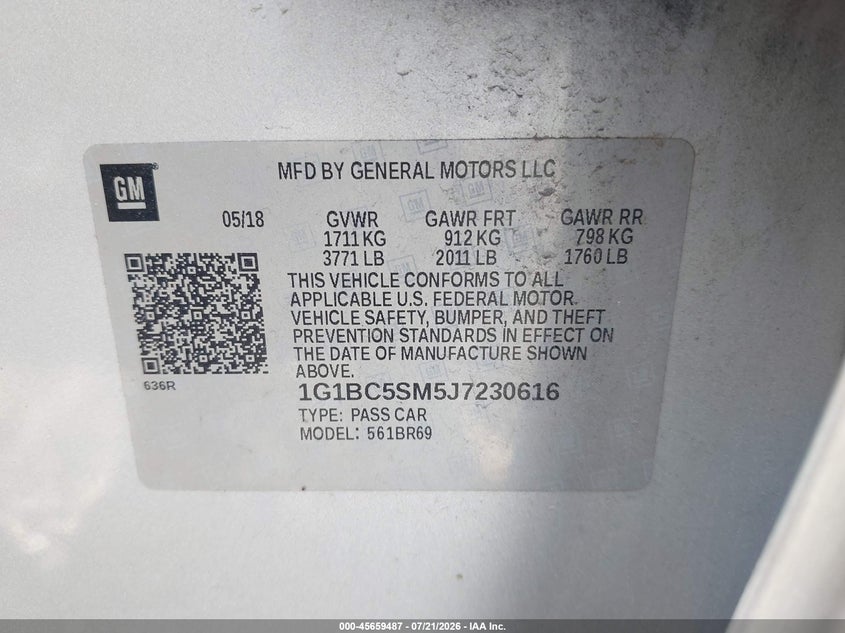 2018 Chevrolet Cruze Ls Auto VIN: 1G1BC5SM5J7230616 Lot: 45659487
