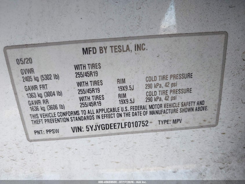 2020 Tesla Model Y Long Range Dual Motor All-Wheel Drive VIN: 5YJYGDEE7LF010752 Lot: 45659500