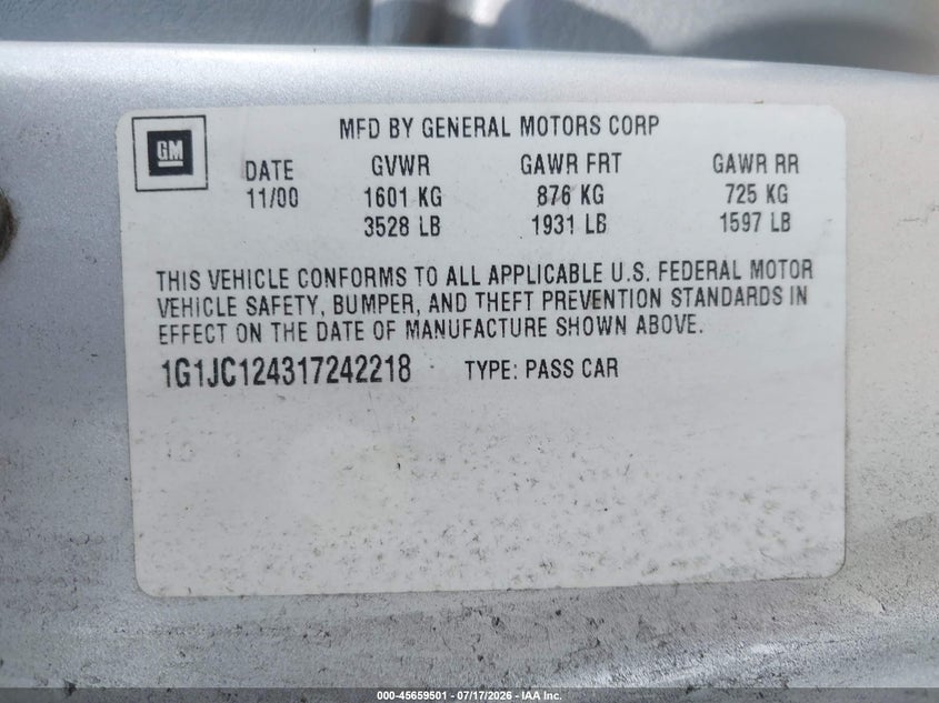 2001 Chevrolet Cavalier VIN: 1G1JC124317242218 Lot: 45659501