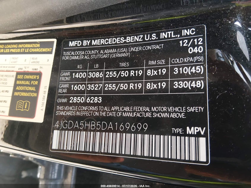 2013 Mercedes-Benz Ml 350 4Matic VIN: 4JGDA5HB5DA169699 Lot: 45659514