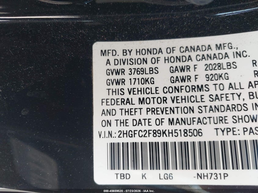 2019 HONDA CIVIC SEDAN 2.0L I-4 DOHC, VVT, 158HP