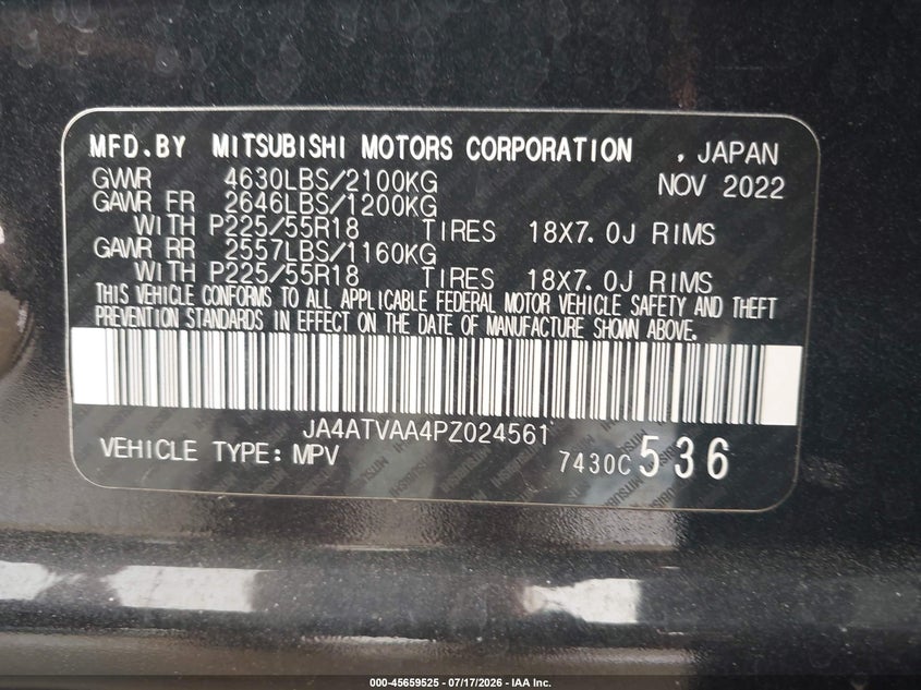 2023 Mitsubishi Eclipse Cross Le S-Awc VIN: JA4ATVAA4PZ024561 Lot: 45659525