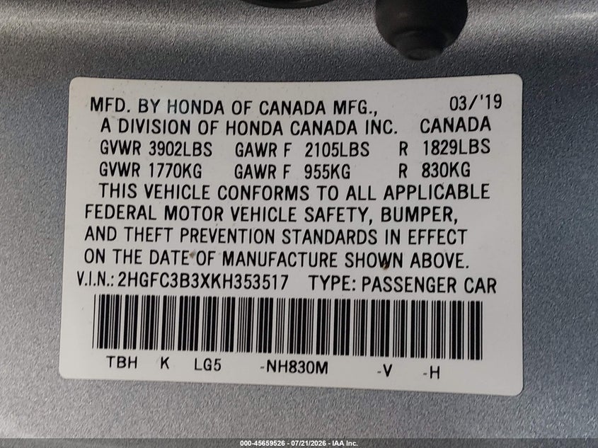 2019 Honda Civic Ex VIN: 2HGFC3B3XKH353517 Lot: 45659526
