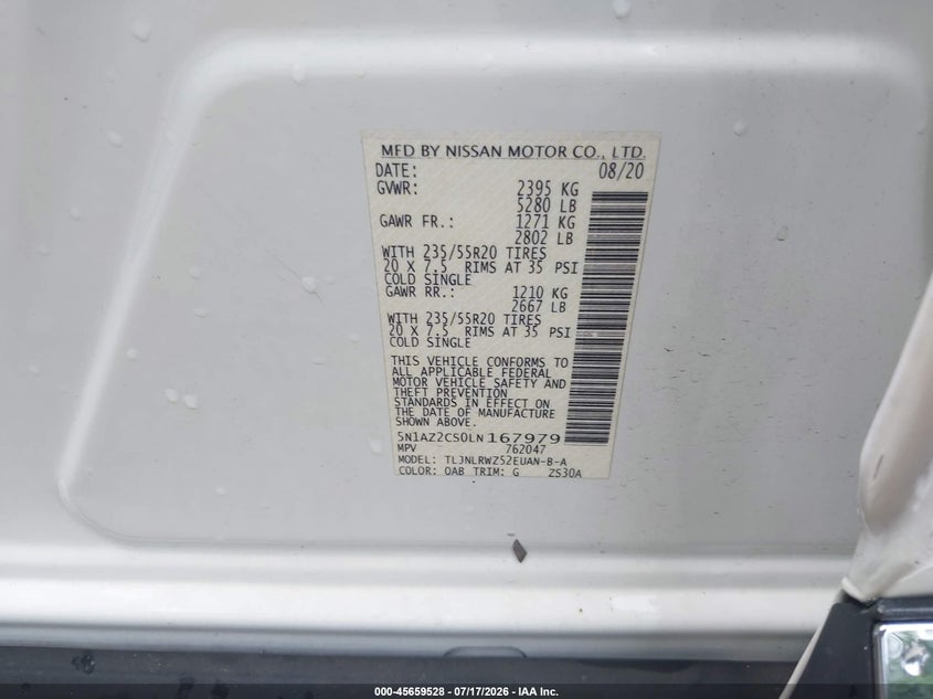 2020 Nissan Murano Sl Intelligent Awd VIN: 5N1AZ2CS0LN167979 Lot: 45659528