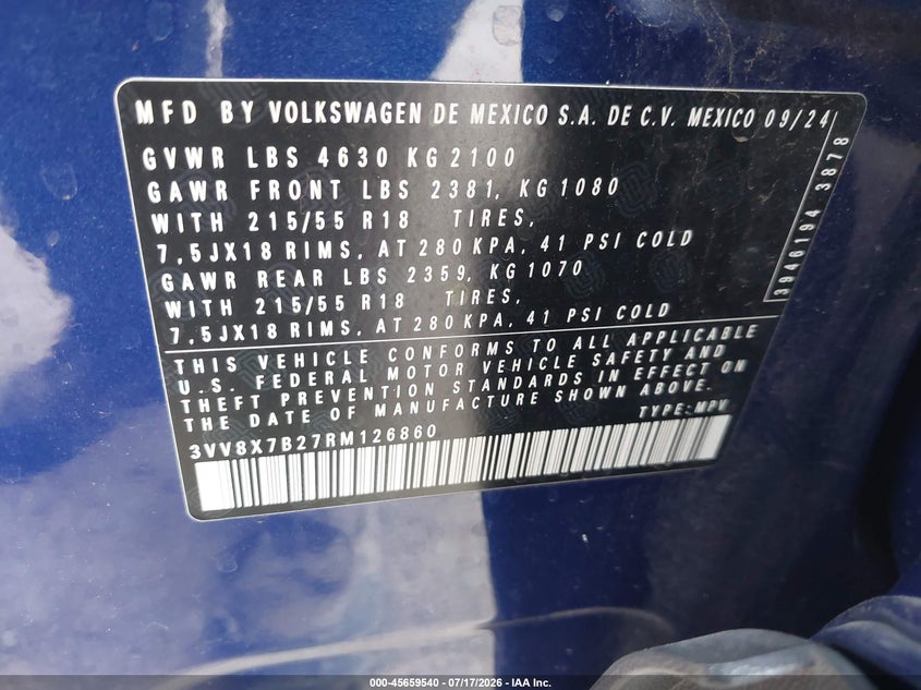 2024 Volkswagen Taos 1.5T S VIN: 3VV8X7B27RM126860 Lot: 45659540