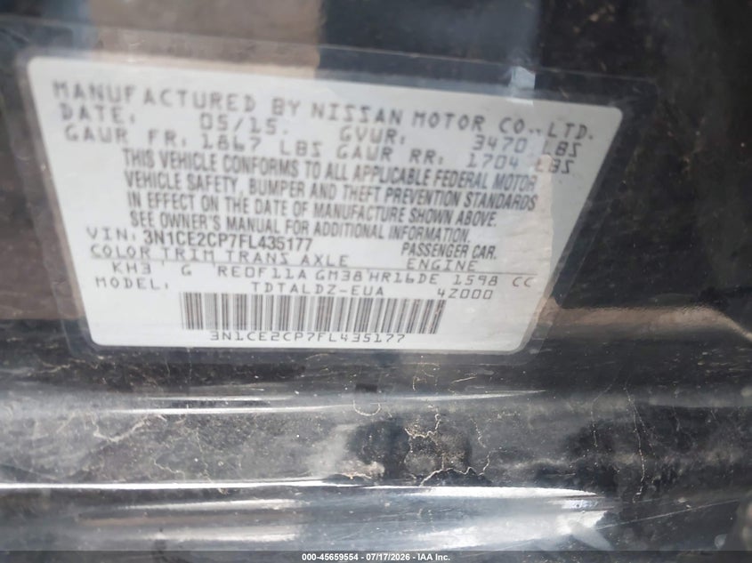 2015 Nissan Versa Note Sv VIN: 3N1CE2CP7FL435177 Lot: 45659554