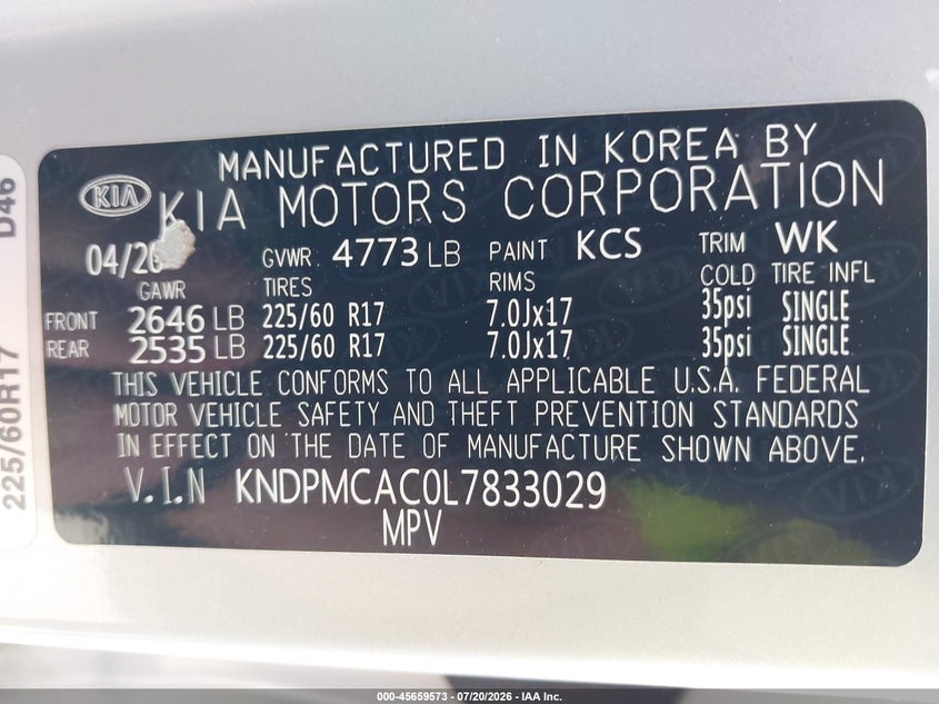 2020 Kia Sportage Lx VIN: KNDPMCAC0L7833029 Lot: 45659573