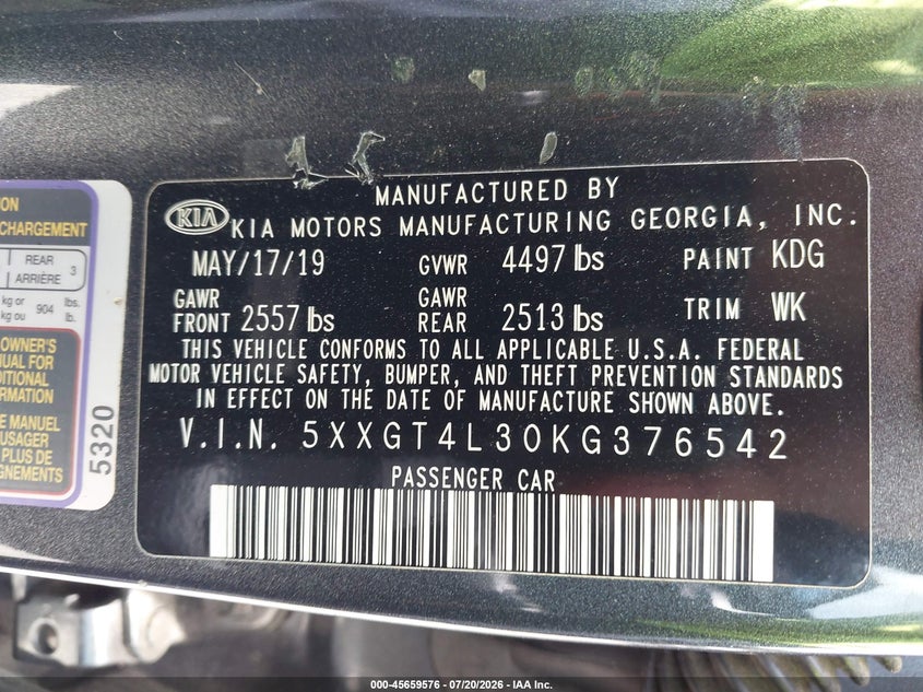 2019 Kia Optima S VIN: 5XXGT4L30KG376542 Lot: 45659576