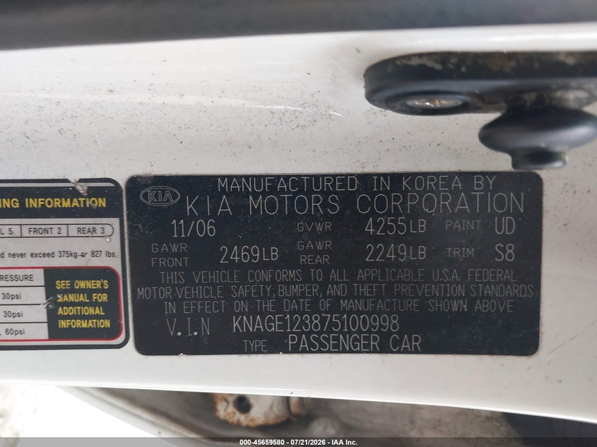 2007 Kia Optima Lx VIN: KNAGE123875100998 Lot: 45659580