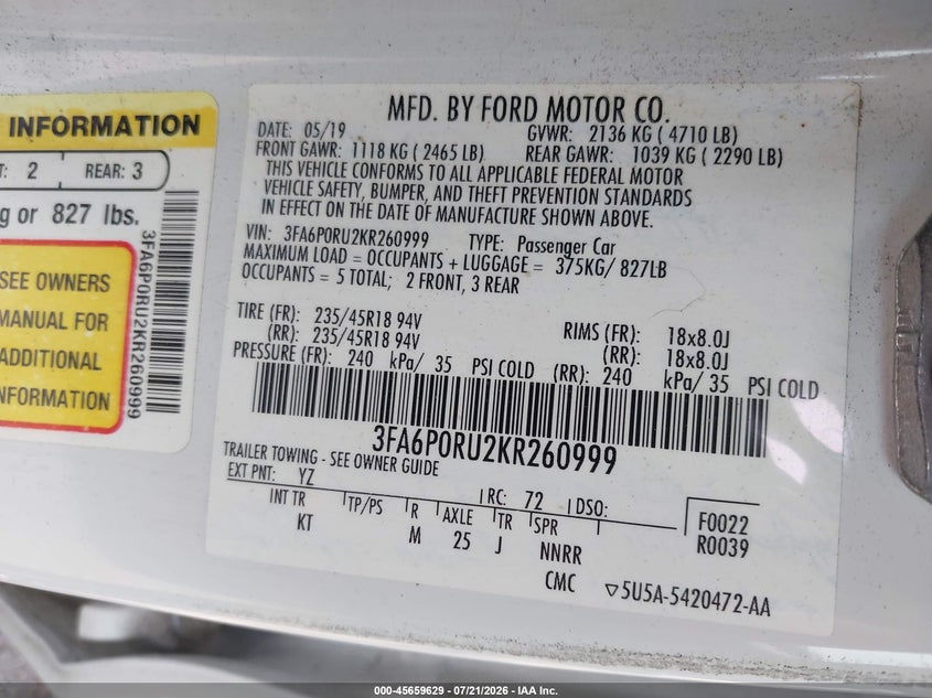 2019 FORD FUSION SEDAN 2.0L I-4 DOHC, VVT, 141HP