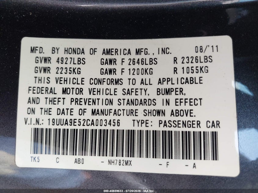 2012 Acura Tl 3.7 VIN: 19UUA9E52CA003456 Lot: 45659633