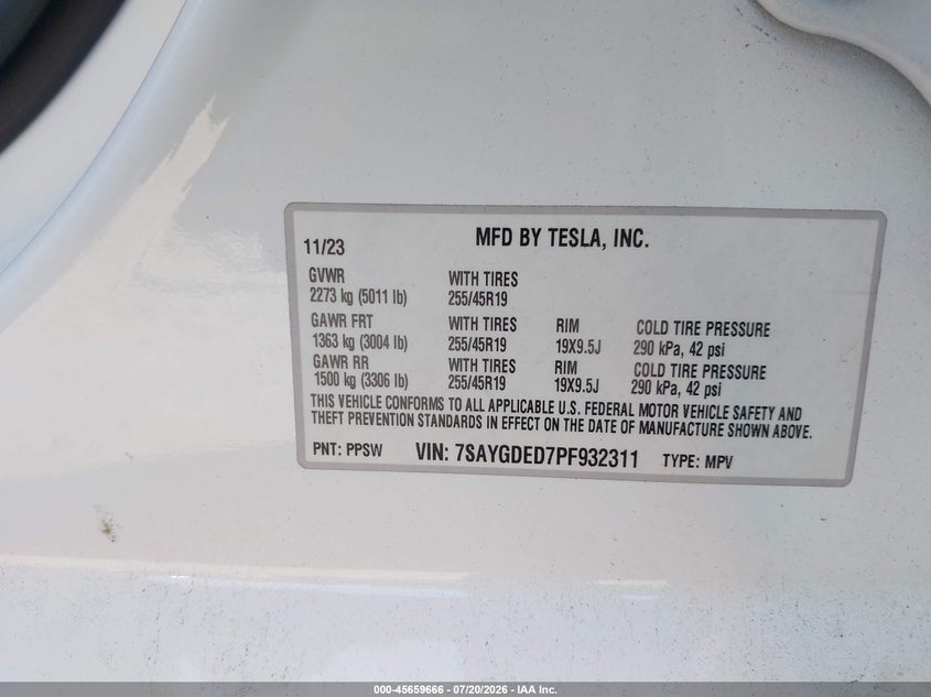 2023 Tesla Model Y Rwd VIN: 7SAYGDED7PF932311 Lot: 45659666