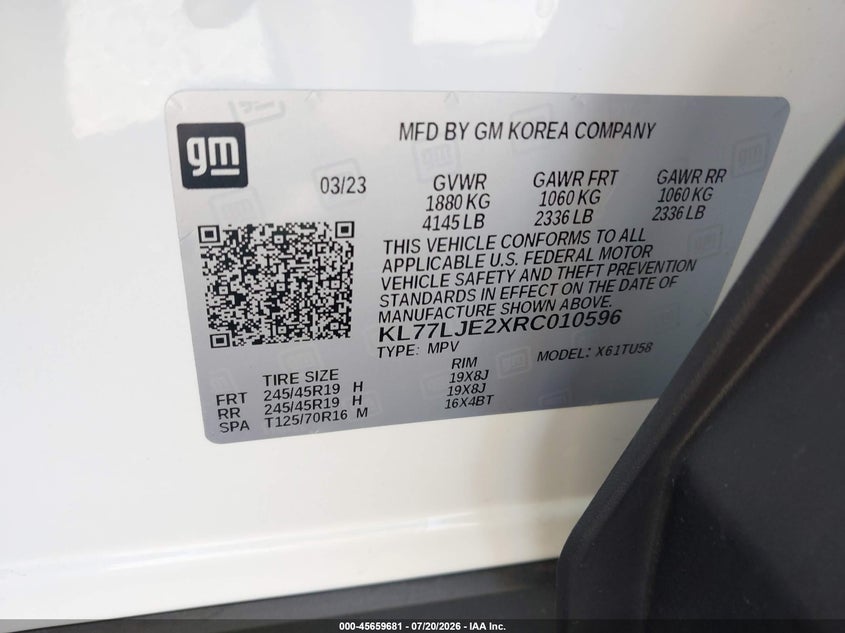 2024 Chevrolet Trax Fwd 2Rs VIN: KL77LJE2XRC010596 Lot: 45659681