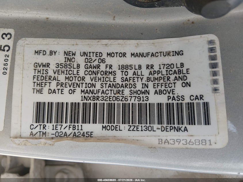 2006 Toyota Corolla Le VIN: 1NXBR32E06Z677913 Lot: 45659689