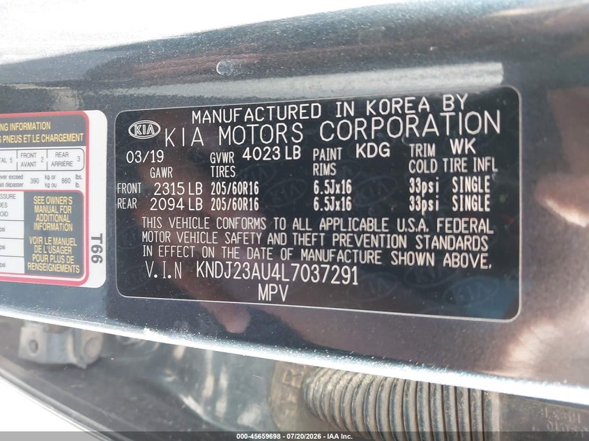 2020 Kia Soul Lx VIN: KNDJ23AU4L7037291 Lot: 45659698
