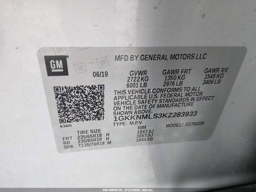 2019 GMC Acadia Slt-1 VIN: 1GKKNMLS3KZ283933 Lot: 45659729