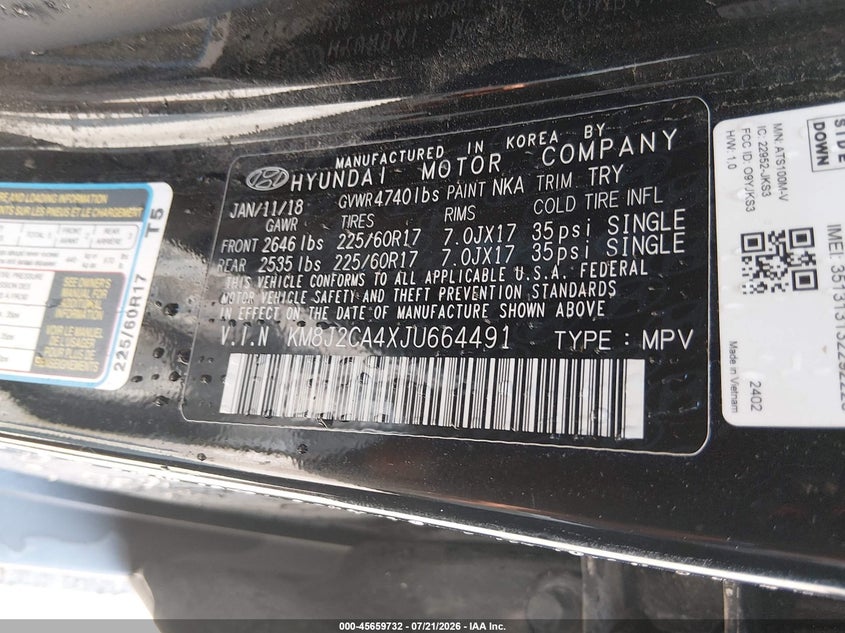 2018 Hyundai Tucson Se VIN: KM8J2CA4XJU664491 Lot: 45659732