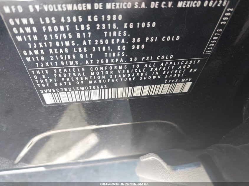 2025 Volkswagen Taos 1.5T S VIN: 3VV5C7B21SM076543 Lot: 45659734