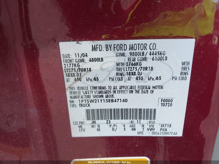 FORD F-250 2005 VIN 1FTSW21Y15EB47140
