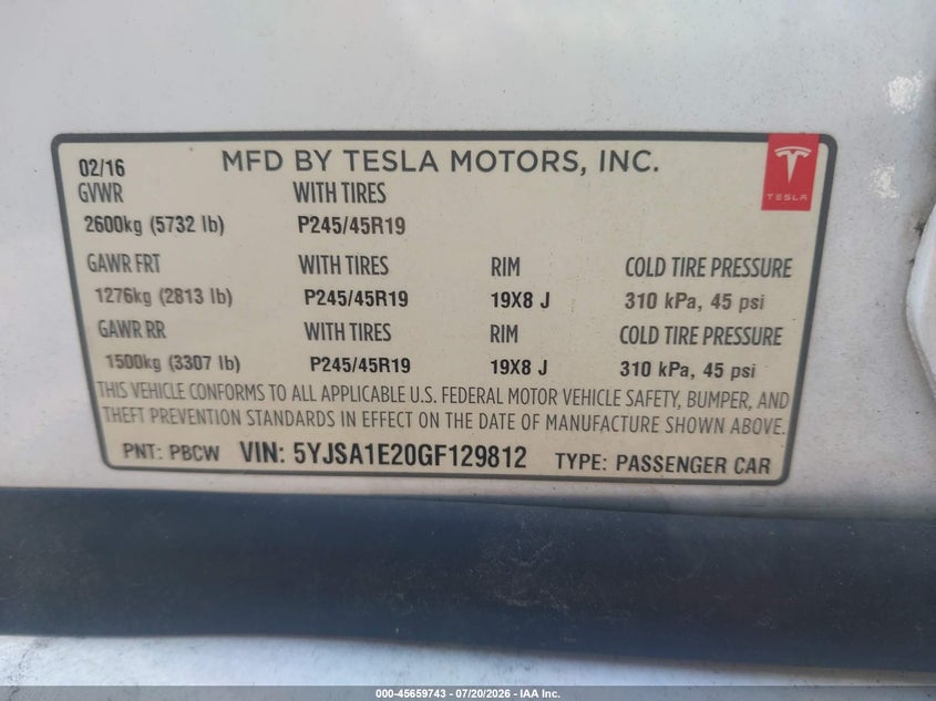 2016 Tesla Model S 60D/70D/75D/85D/90D VIN: 5YJSA1E20GF129812 Lot: 45659743