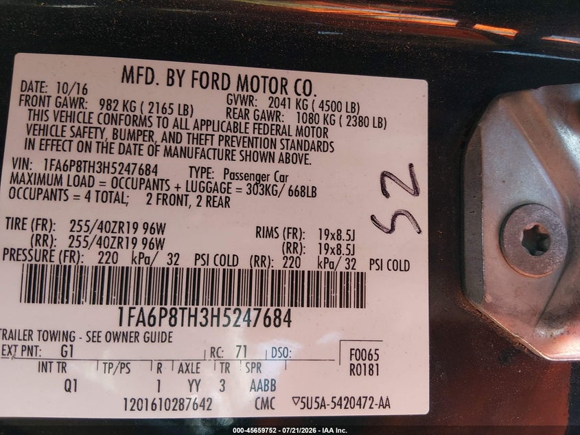 2017 Ford Mustang Ecoboost VIN: 1FA6P8TH3H5247684 Lot: 45659752