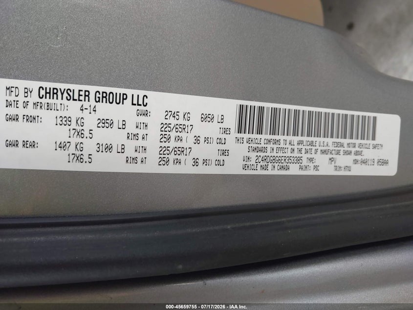 2014 Dodge Grand Caravan Se VIN: 2C4RDGBG6ER353385 Lot: 45659755