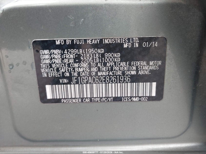 2014 Subaru Impreza 2.0I Premium VIN: JF1GPAC62E8261936 Lot: 45659777