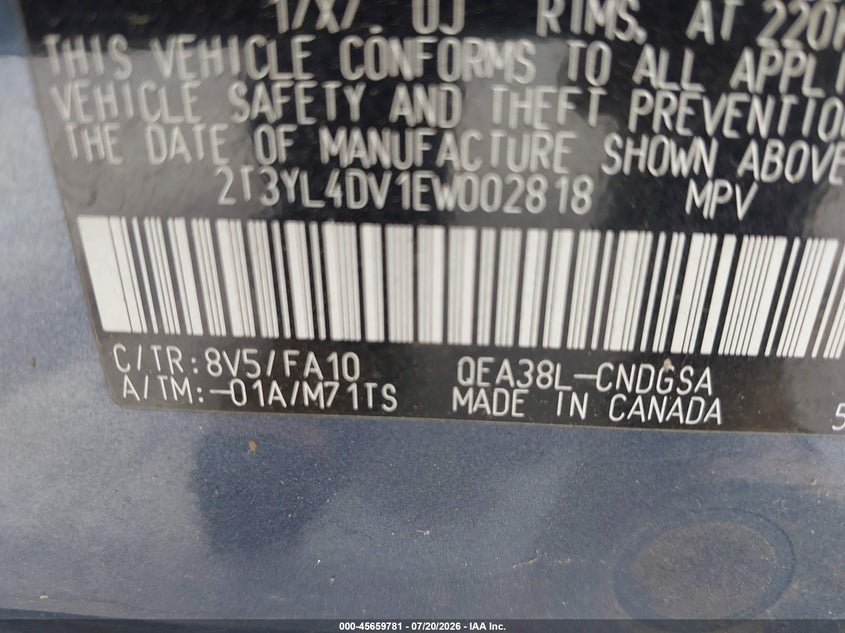 2014 Toyota Rav4 Ev VIN: 2T3YL4DV1EW002818 Lot: 45659781