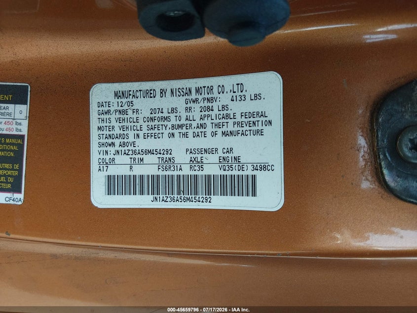 2006 Nissan 350Z Touring VIN: JN1AZ36A56M454292 Lot: 45659796
