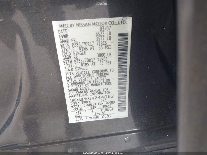 2007 Nissan Titan Le VIN: 1N6AA07B87N244062 Lot: 45659833