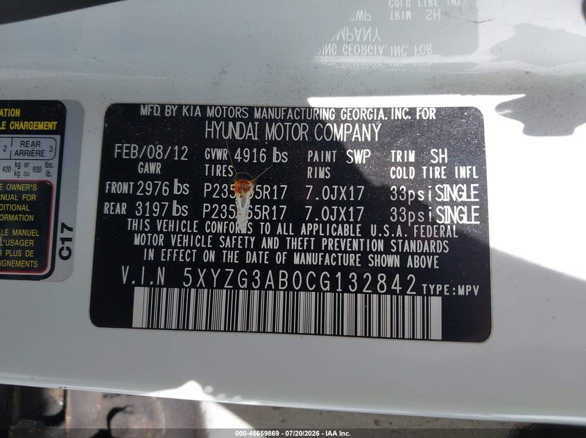 2012 Hyundai Santa Fe Gls VIN: 5XYZG3AB0CG132842 Lot: 45659869