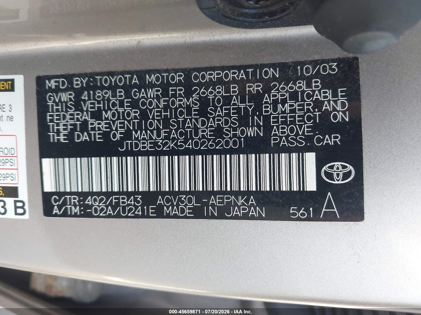2004 TOYOTA CAMRY SEDAN 2.4L I-4 DOHC, VVT, 157HP